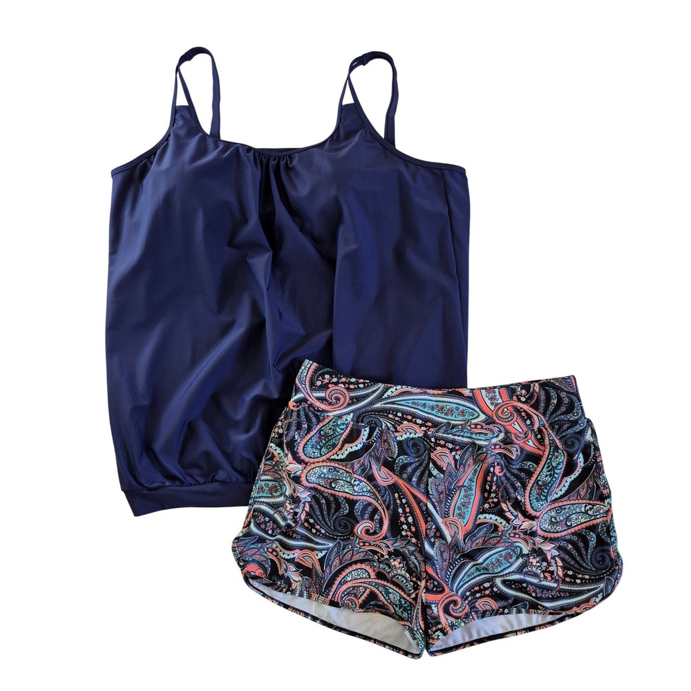 Ocean Blues Navy Blouson Tankini & Paisley Swim Shorts Set XXL